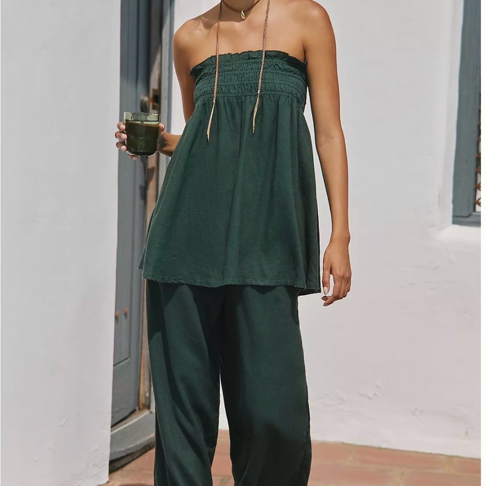 Strapless Smocked Top & Wide-Leg Pants Set - SHADED MOSS